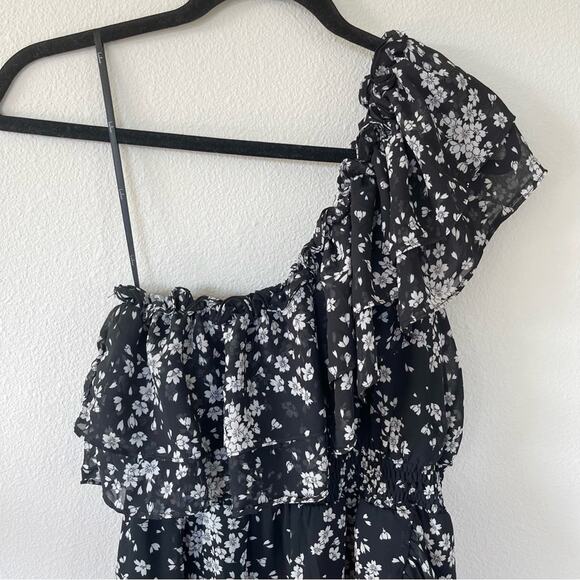 NWT Lulus Black Floral Print Ruffled One Shoulder Midi Dress (Small) - Picture 2 of 7
